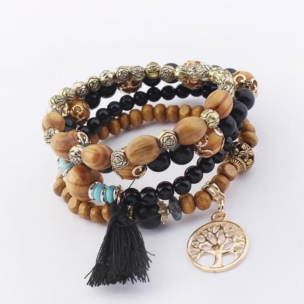 Bohemian Tree of Life Bracelet Stack in Black